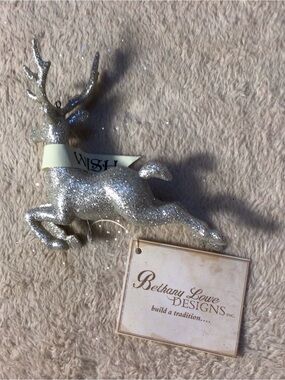 Bethany Lowe Silver Glitter Reindeer Ornament with Cream 'WISH' Banner
